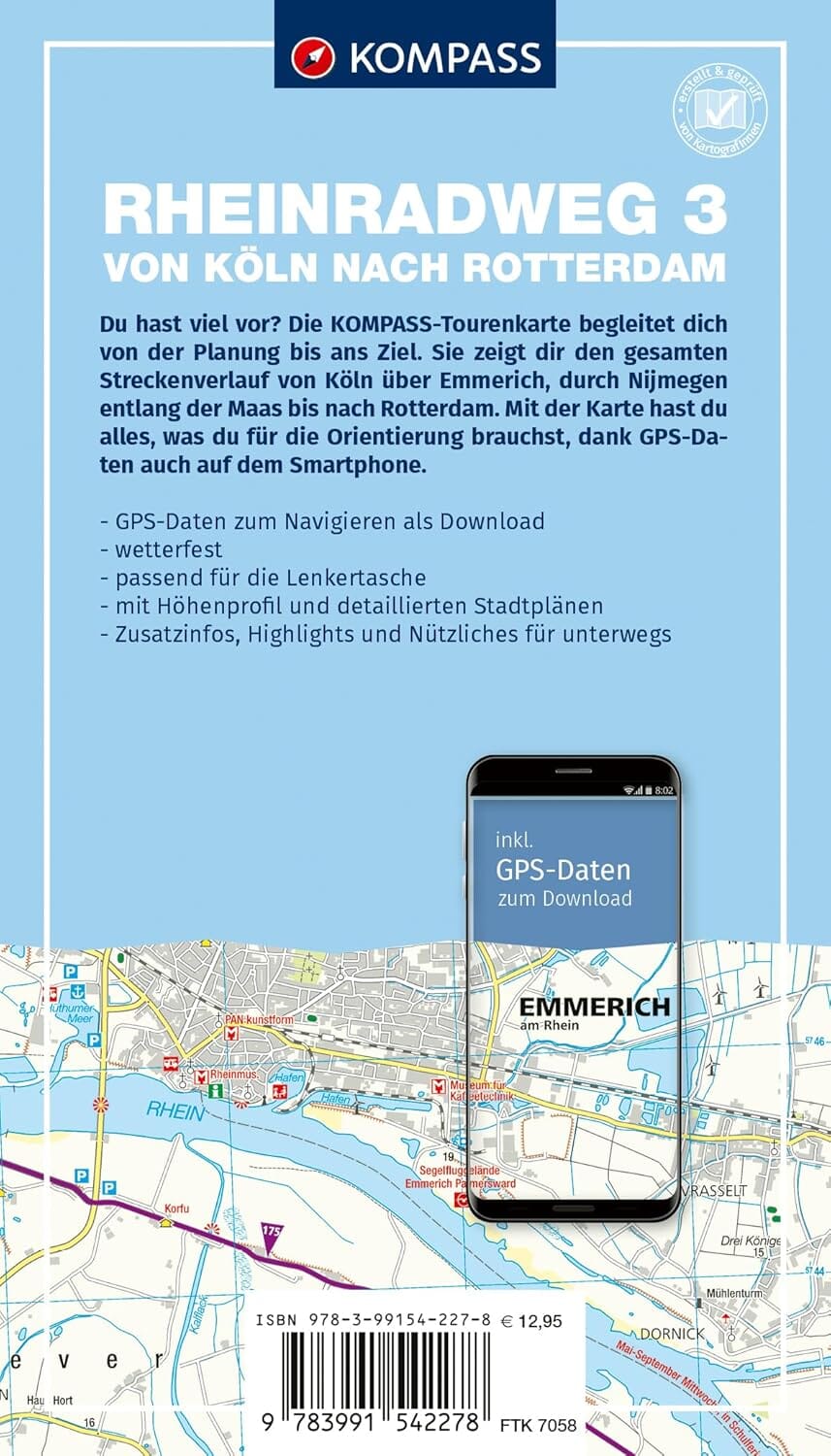 Carte cycliste n° F7058 - Piste cyclable du Rhin 3, Cologne - Rotterdam (Allemagne) | Kompass carte cycliste Kompass