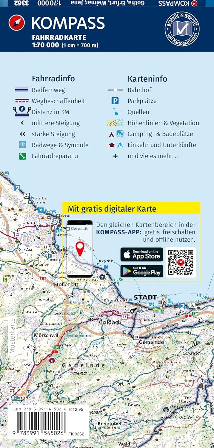 Carte cycliste n°F3362 - Gotha, Erfurt, Weimar & Iéna | Kompass - 1:70 000 carte cycliste Kompass