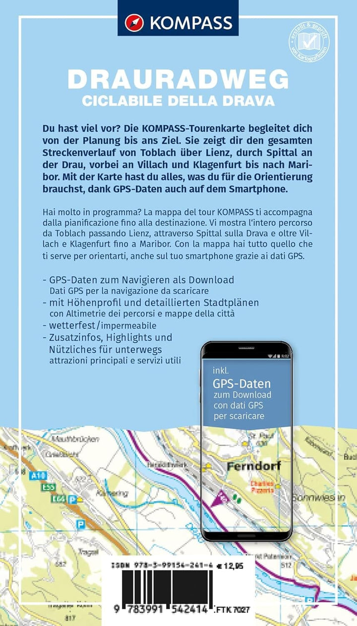 Carte cycliste - Piste cyclable de la Drave (Drauradweg) | Kompass 7020 - 1:50 000 carte cycliste Kompass