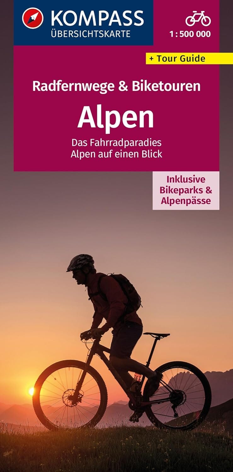 Carte cycliste - Pistes cyclables longue distance des Alpes & circuits à vélo | Kompass carte cycliste Kompass