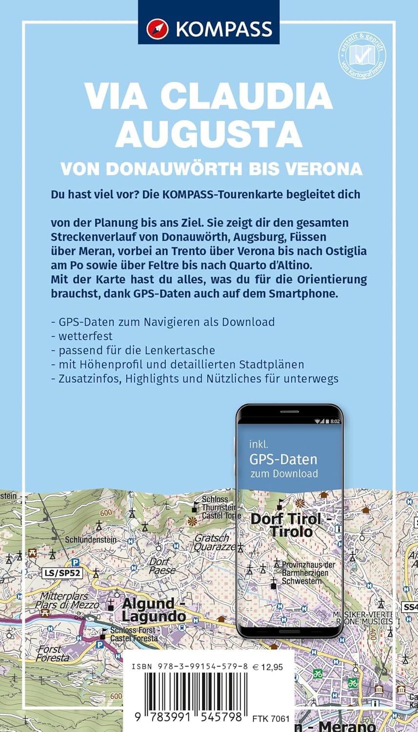 Carte cycliste - Via Claudia Augusta : de Donauwörth à Vérone | Kompass 7061 - 1:50 000 carte cycliste Kompass