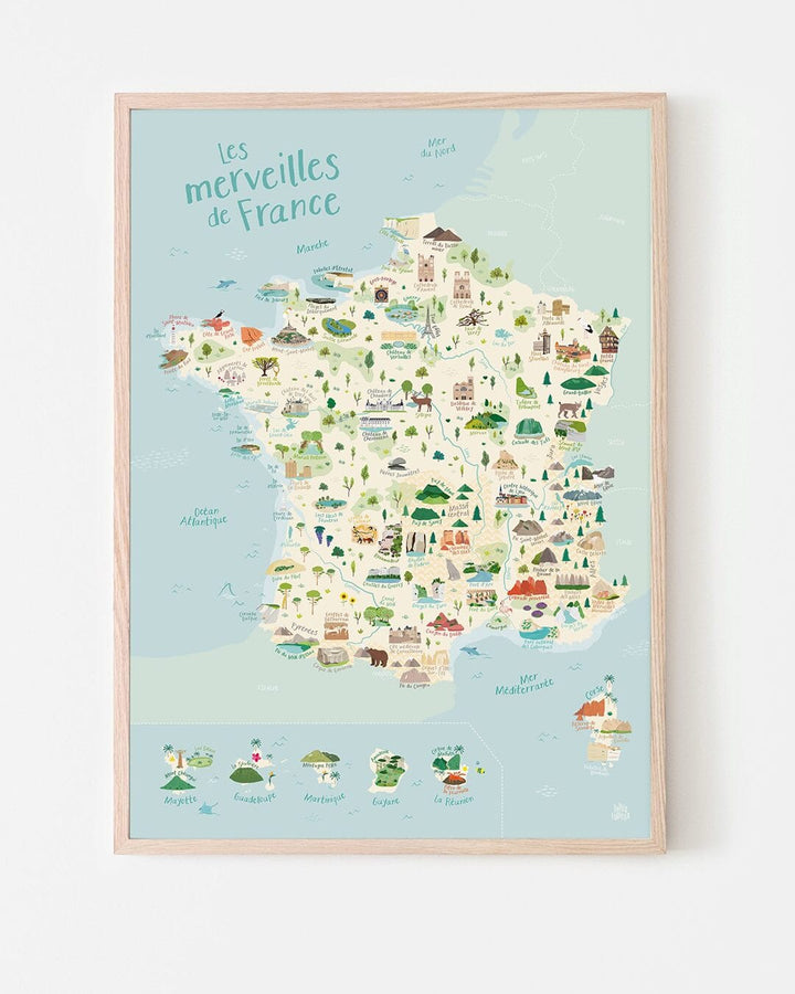 Carte de France illustrée - 86 merveilles à explorer (affiche) | Papier Curieux carte murale roulée (en tube) Papier Curieux