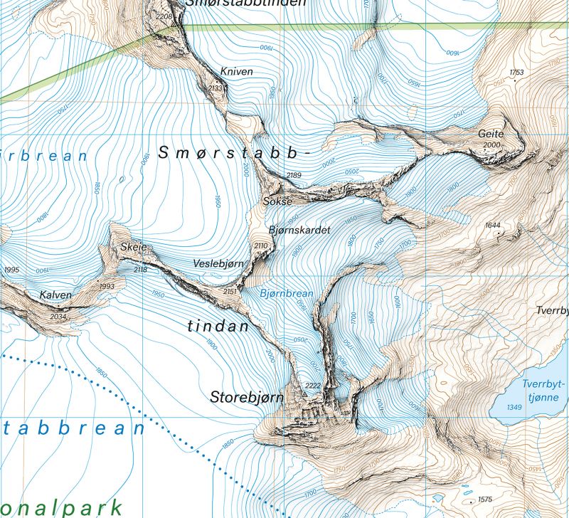 Carte de haute montagne - Jotunheimen: Smørstabbtindan & Leirvassbu (Norvège) | Calazo - Høyfjellskart carte de randonnée Calazo