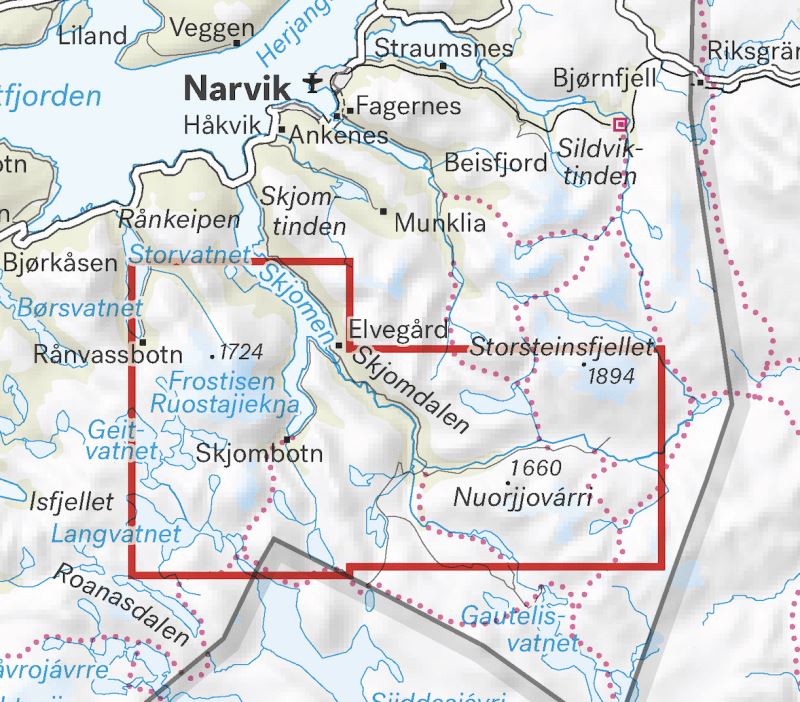 Carte de haute montagne - Narvik: Frostisen & Nuorjjovárri (Norvège) | Calazo - Høyfjellskart carte de randonnée Calazo