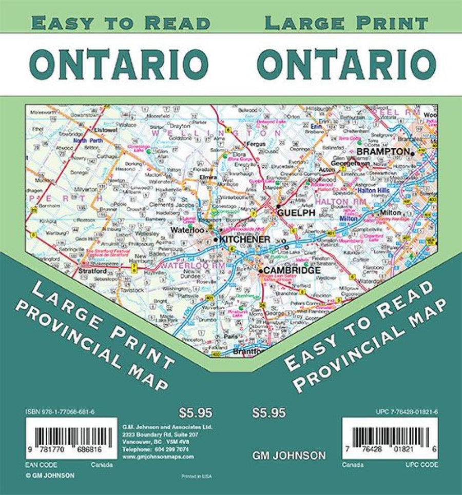 Carte de la province de l'Ontario (gros caractères) | GM Johnson carte pliée GM Johnson 
