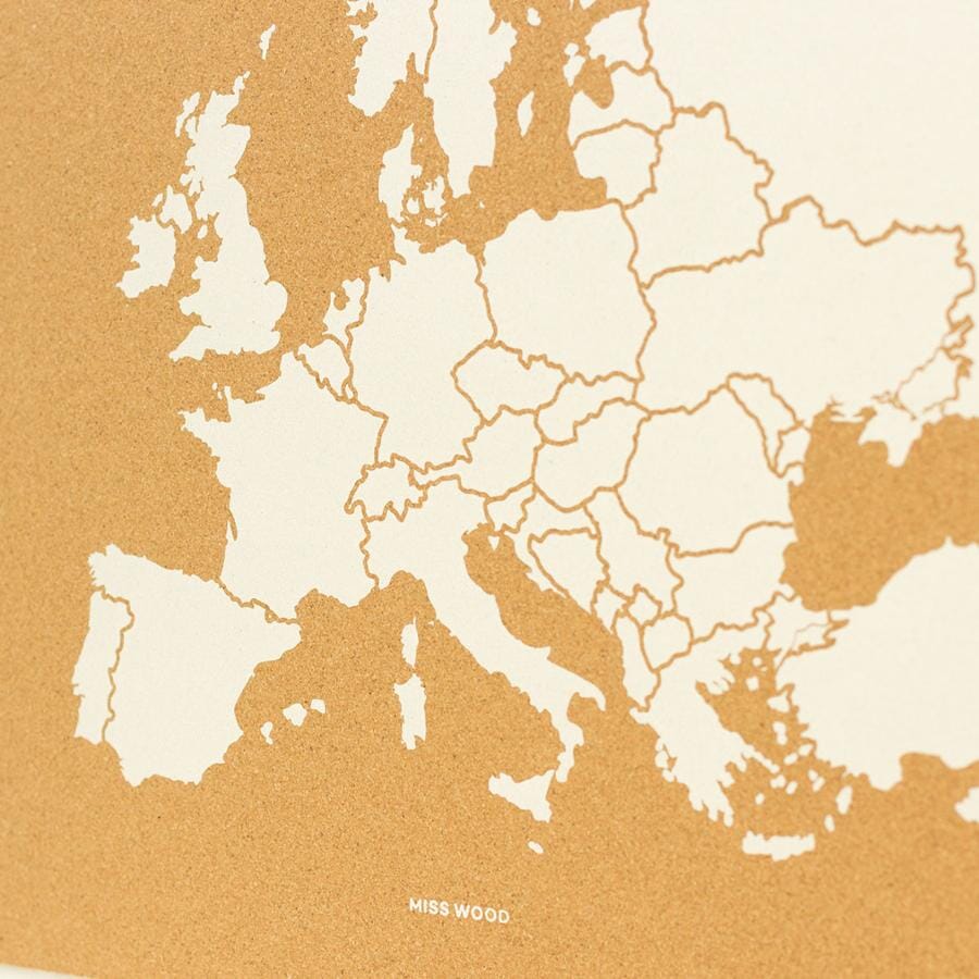 Carte de l'Europe en liège - couleur naturelle, impression blanc (60 x 45 cm) | Miss Wood carte murale petit tube Miss Wood 