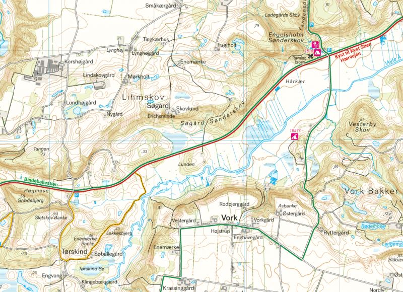 Carte de plein air - Kyst till Kyst Stien: Øst (Danemark) | Calazo carte de randonnée Calazo