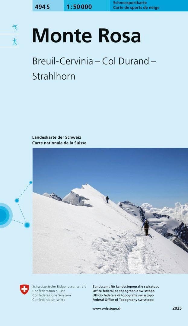 Carte de randonnée à ski n° 494S - Monte Rosa, Breuil-Cervinia, Col Durand, Strahlhorn (Suisse) | Swisstopo - ski au 1/50 000 carte de randonnée Swisstopo 