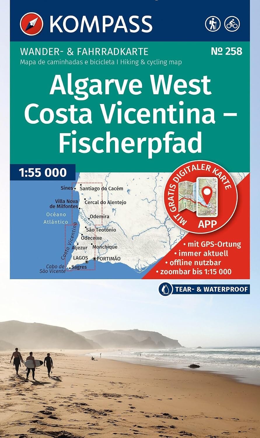 Carte de randonnée - Algarve Ouest, Costa Vicentina & Sentier des pêcheurs | Kompass 258 - 1:55 000 carte de randonnée Kompass