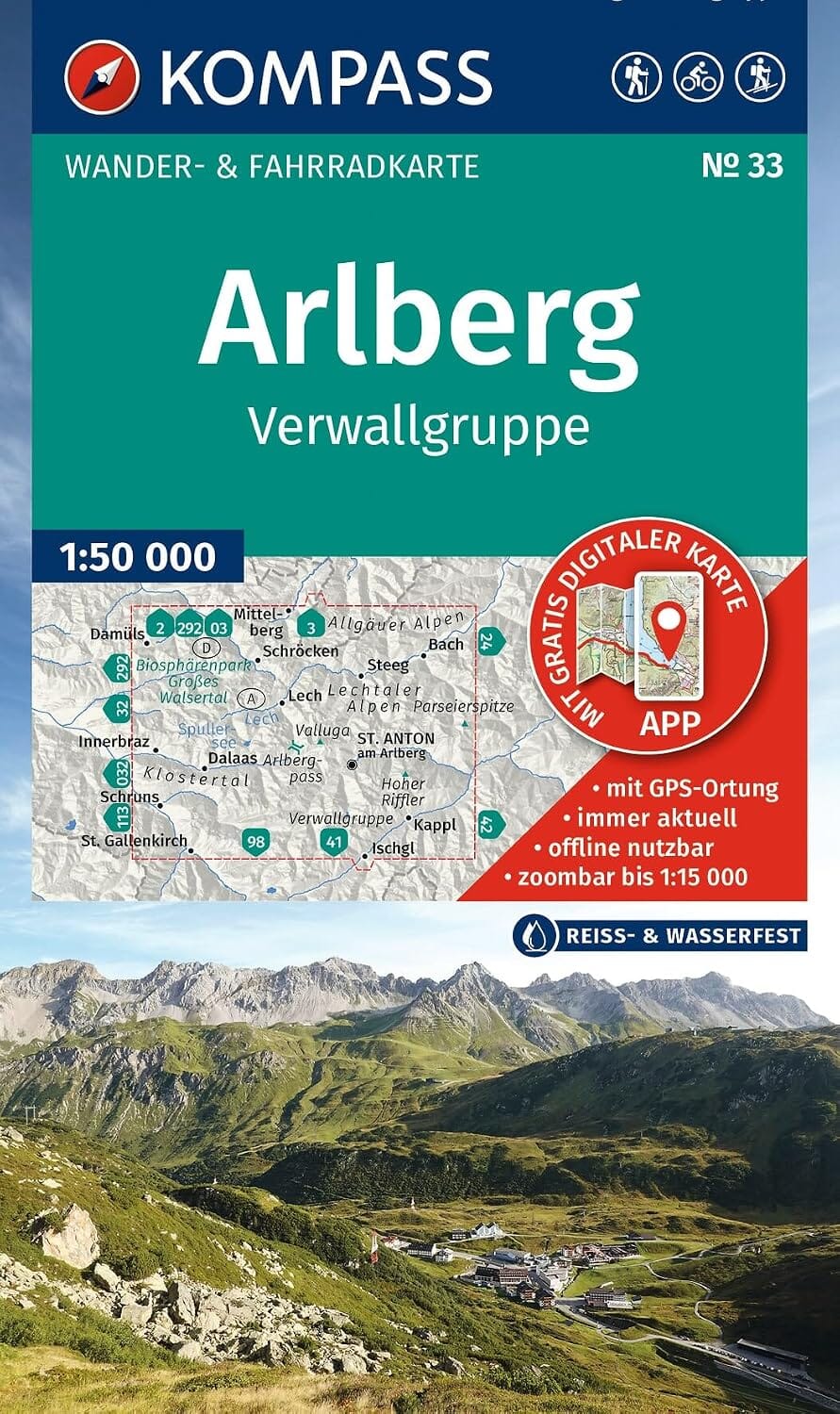 Carte de randonnée - Arlberg & massif du Verwall | Kompass - 1:50 000 carte de randonnée Kompass 