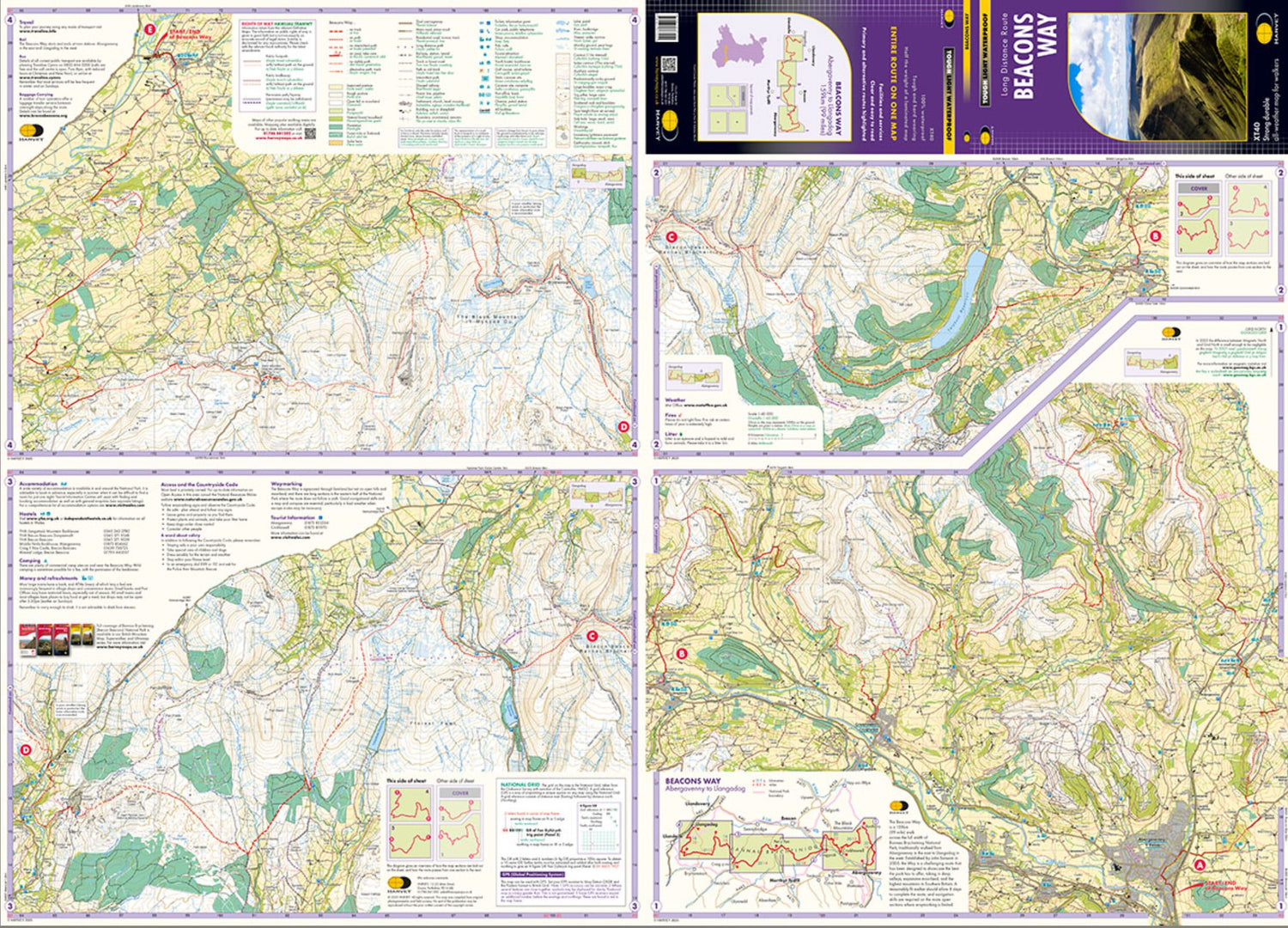 Carte de randonnée - Beacons Way XT40 | Harvey Maps - Long distance route carte de randonnée Harvey Maps