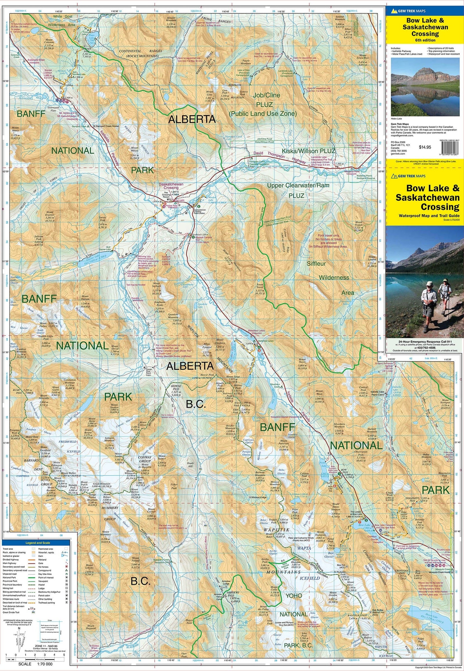 Carte de randonnée - Bow Lake (PN Banff et Jasper, Alberta) & Saskatchewan crossing | Gem Trek carte de randonnée Gem Trek Publishing