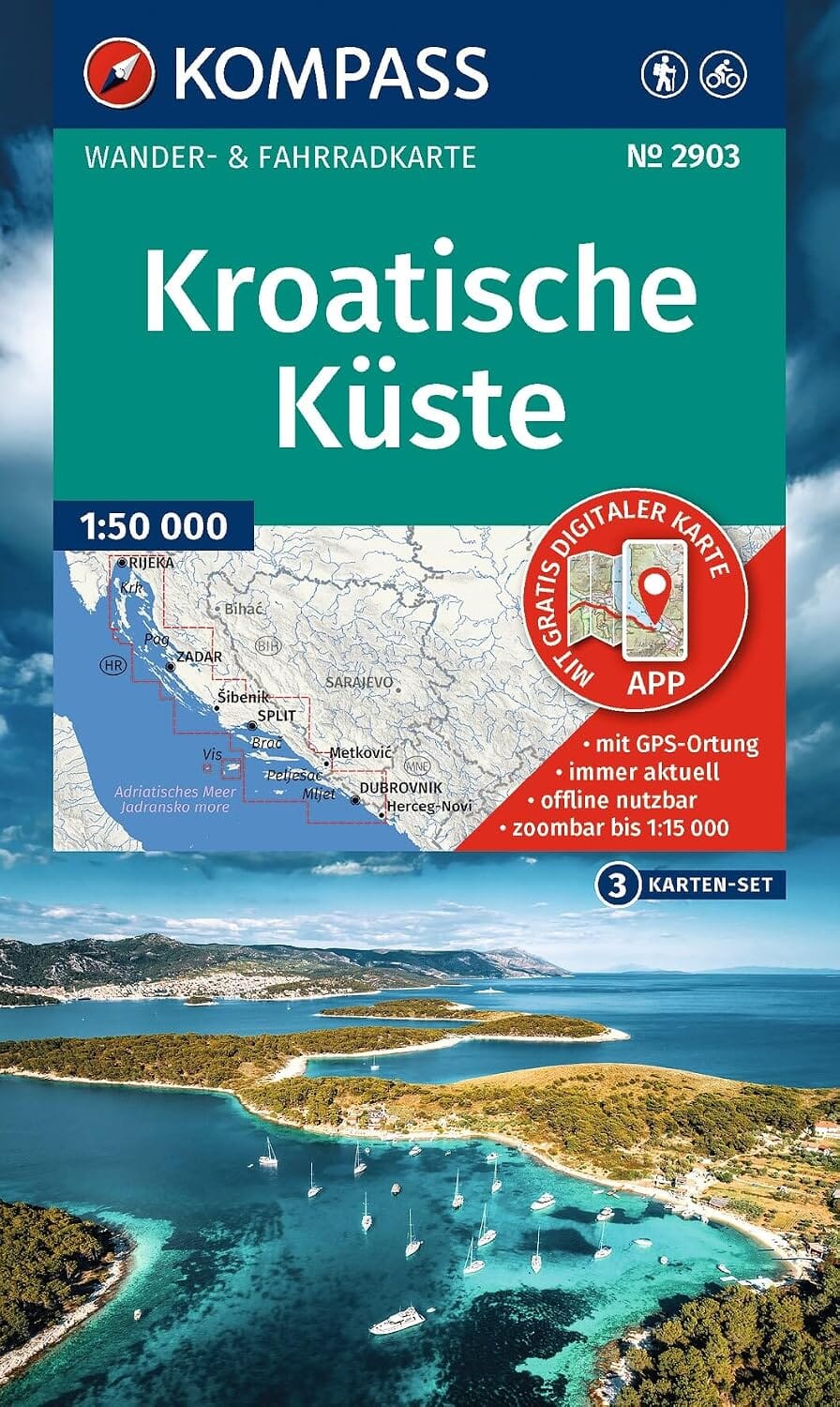 Carte de randonnée - Côte croate et ses îles (3 cartes) | Kompass 2903 - 1:50 000 carte de randonnée Kompass