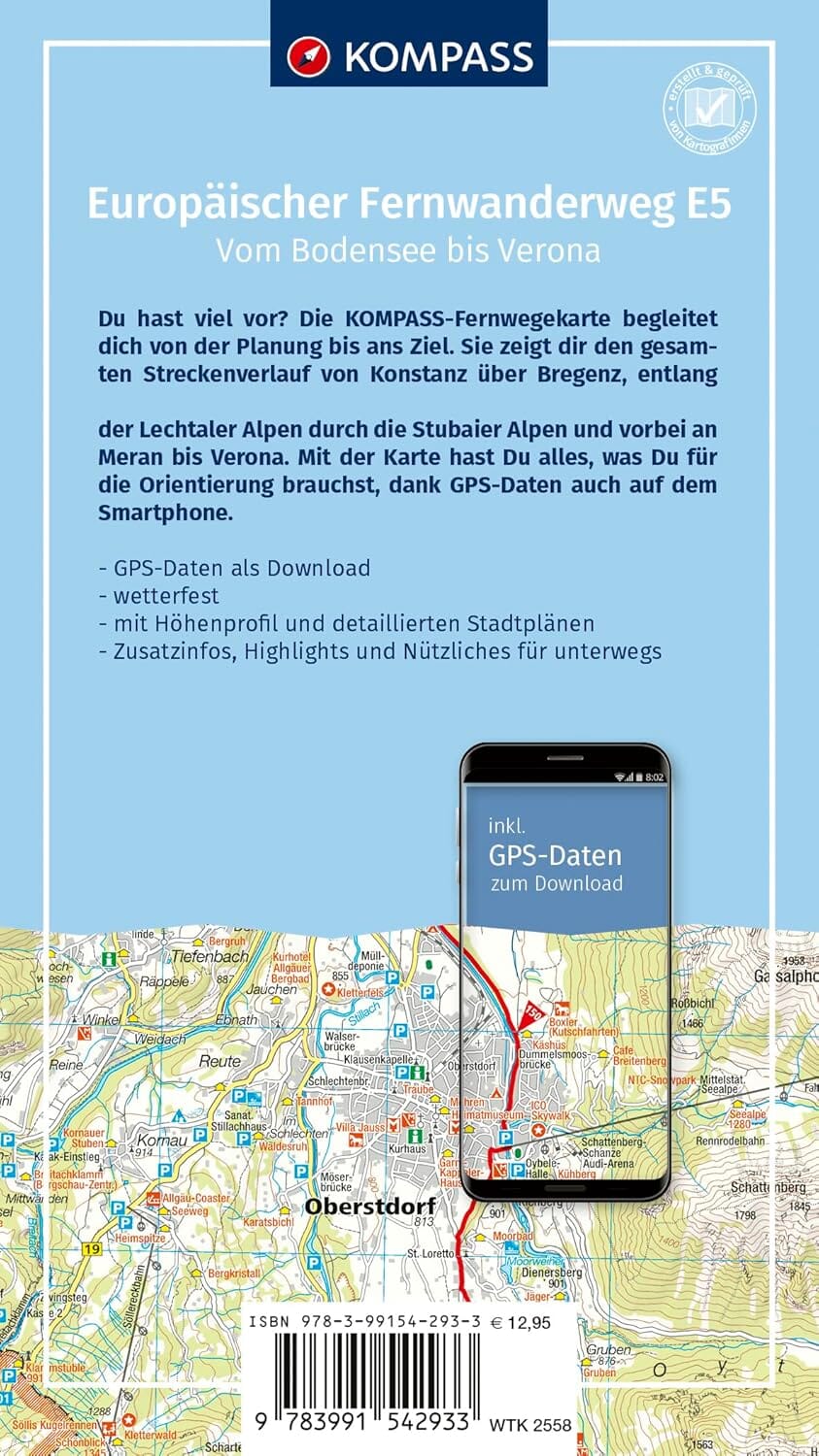 Carte de randonnée E5 - Du lac de Constance à Vérone | Kompass carte de randonnée Kompass