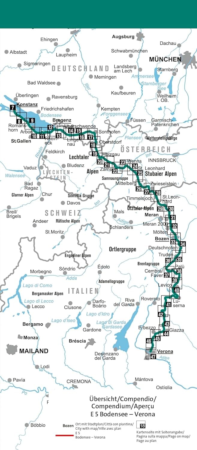 Carte de randonnée E5 - Du lac de Constance à Vérone | Kompass carte de randonnée Kompass