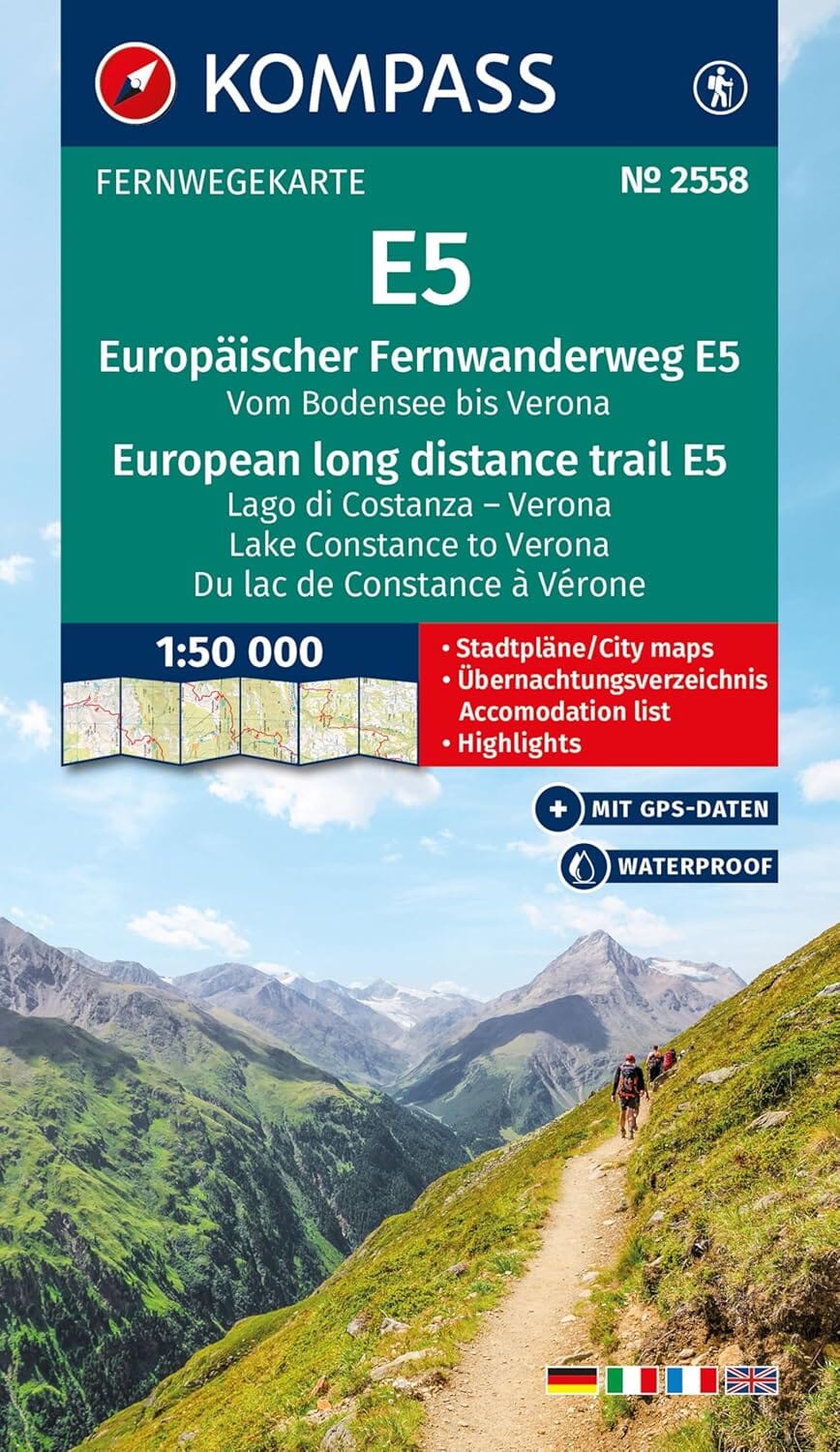 Carte de randonnée E5 - Du lac de Constance à Vérone | Kompass carte de randonnée Kompass
