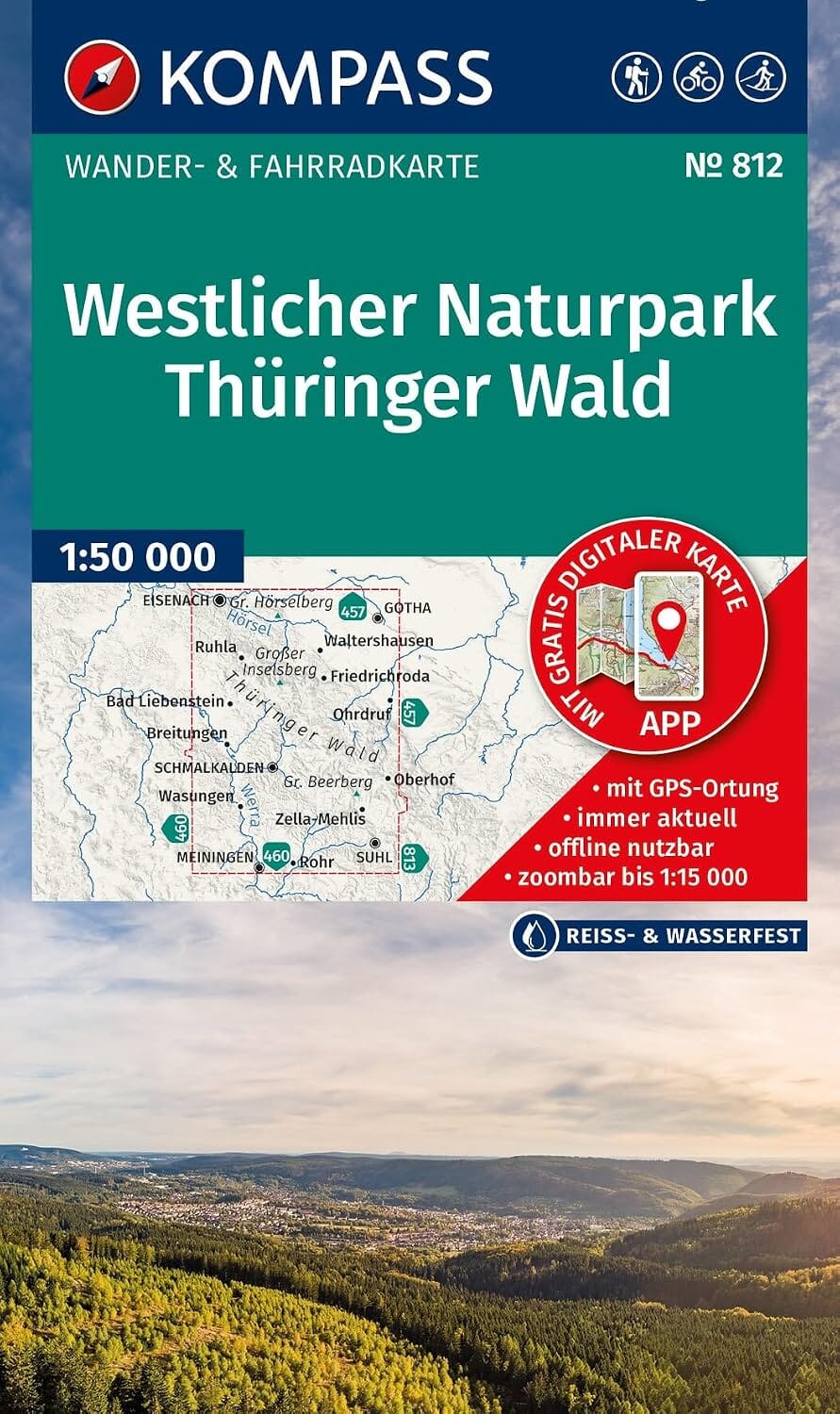 Carte de randonnée et vélo n° 812 - Forêt de Thuringe Ouest (Allemagne) | Kompass carte de randonnée Kompass 
