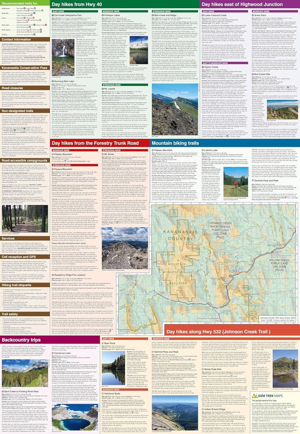 Carte de randonnée - Highwood & Cataract Creek, South Kananaskis Country (Alberta, Colombie Bitannique) | Gem Trek carte de randonnée Gem Trek Publishing