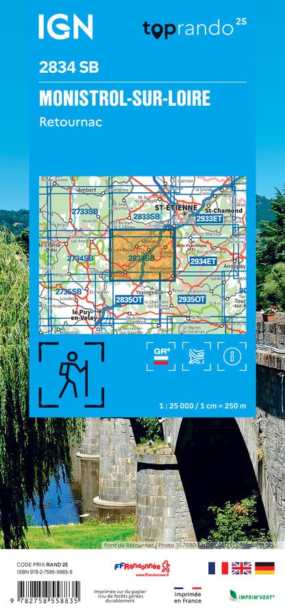 Carte de randonnée IGN Série Bleue n° 2834 - Monistrol-sur-Loire, Retournac carte de randonnée IGN 
