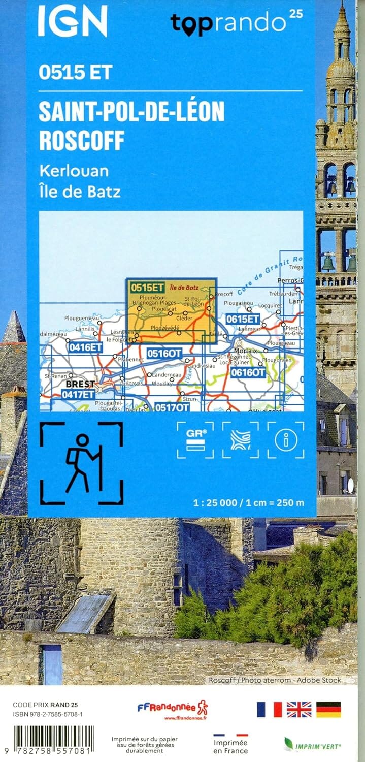 Carte de randonnée IGN TOP 25 n° 0515 ET - Saint-Paul-de-Léon, Roscoff, Kerlouan, Ile de Batz carte de randonnée IGN 