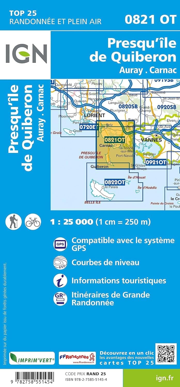 Carte de randonnée IGN TOP 25 n° 0821 OT - Presqu'Ile de Quiberon, Auray, Carnac carte de randonnée IGN 