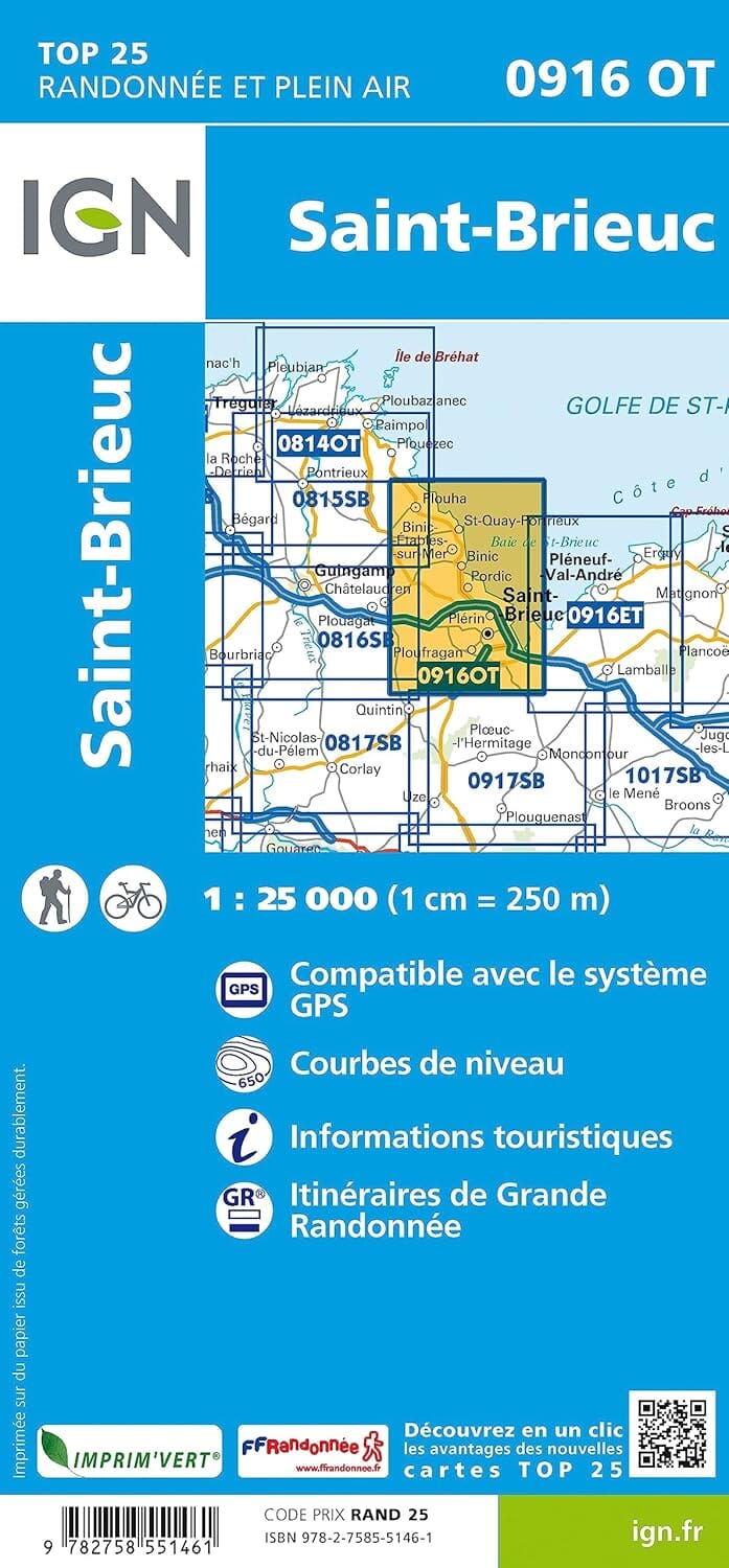 Carte de randonnée IGN TOP 25 n° 0916 OT - Saint-Brieuc carte de randonnée IGN 