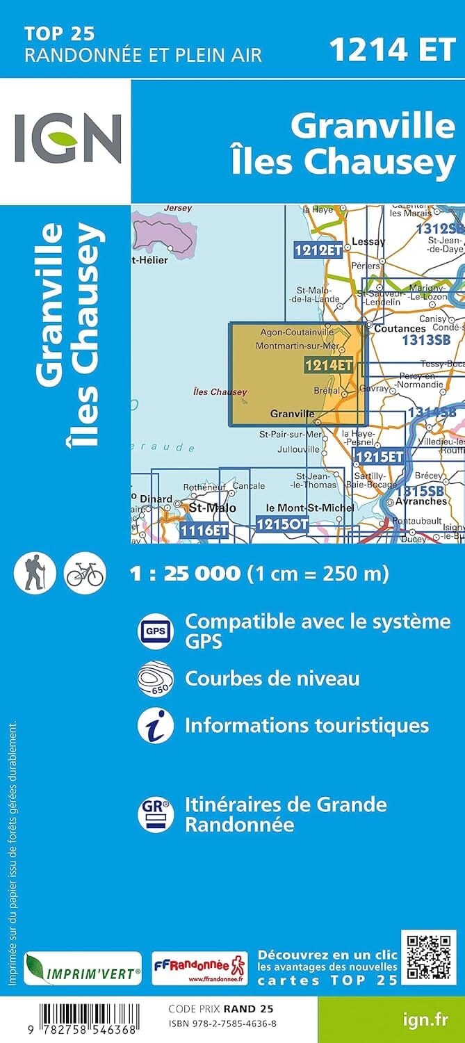 Carte de randonnée IGN TOP 25 n° 1214 ET - Granville, Coutances, Iles Chausey carte de randonnée IGN 