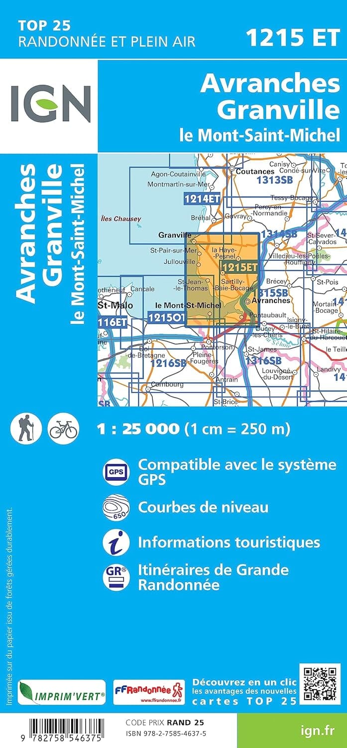 Carte de randonnée IGN TOP 25 n° 1215 ET - Avranches, Granville, Le Mont-St-Michel carte de randonnée IGN 