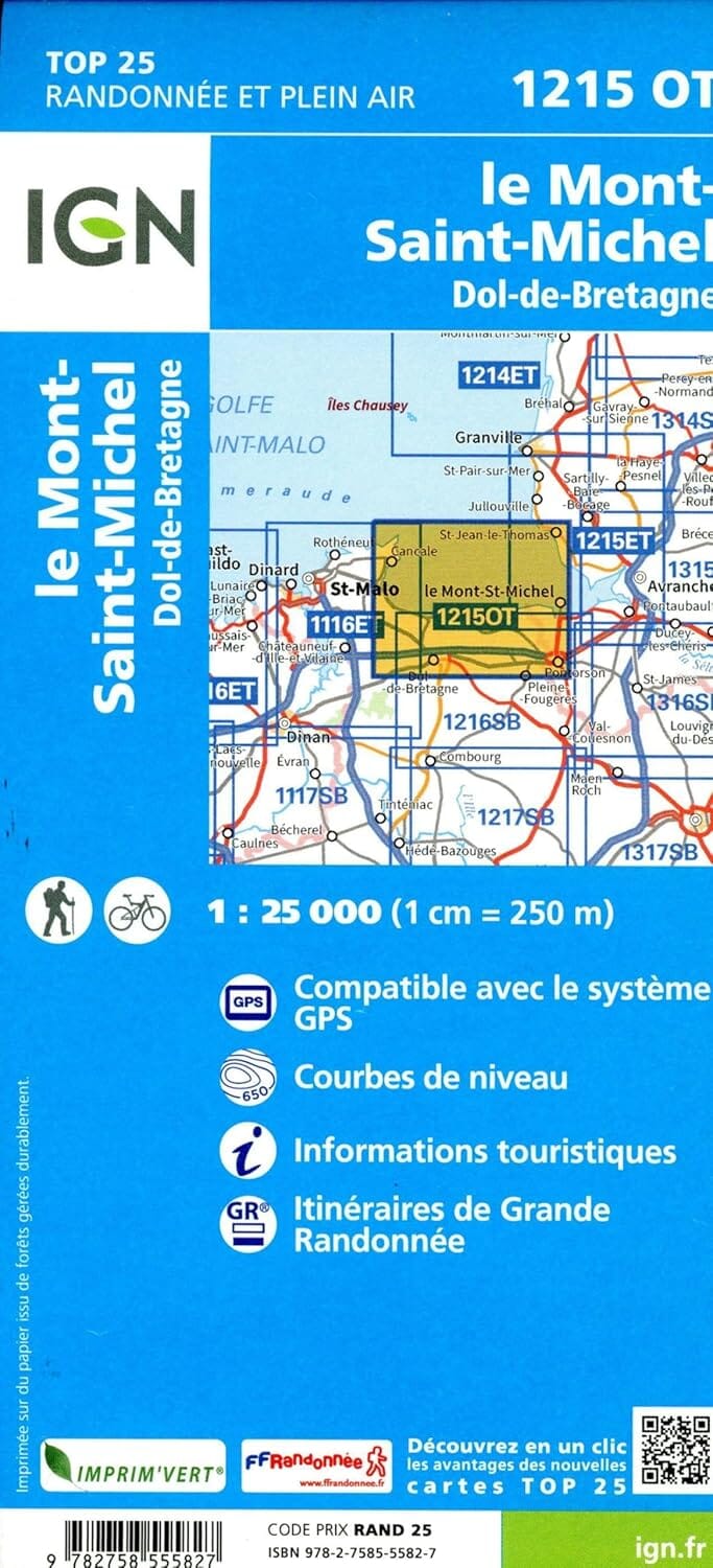 Carte de randonnée IGN TOP 25 n° 1215 OT - Le Mont-St-Michel, Dol-de-Bretagne carte de randonnée IGN 