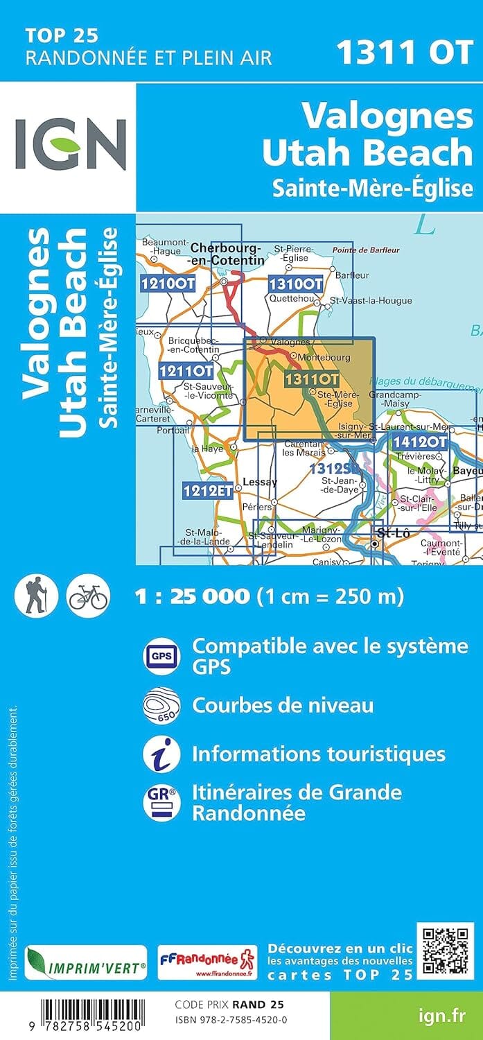 Carte de randonnée IGN TOP 25 n° 1311 OT- Valognes, St-Mère-Eglise, Utah Beach carte de randonnée IGN 