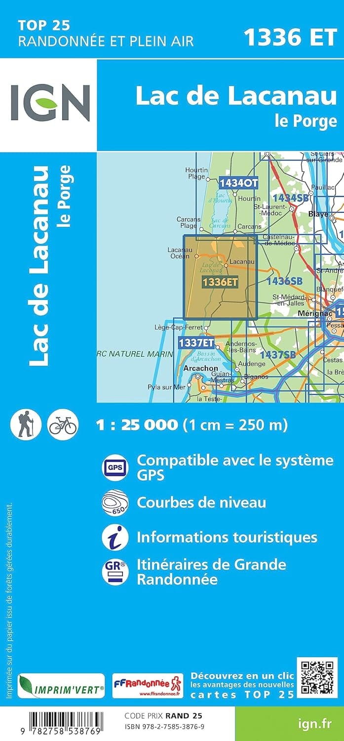 Carte de randonnée IGN TOP 25 n° 1336 ET - Lac de Lacanau & Le Porge carte de randonnée IGN 