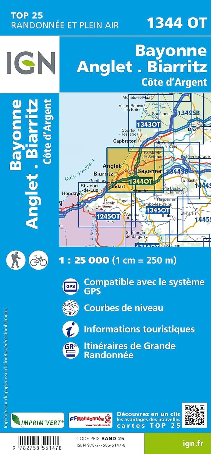 Carte de randonnée IGN TOP 25 n° 1344 OT - Bayonne, Anglet, Biarritz, Côte d'Argent carte de randonnée IGN 
