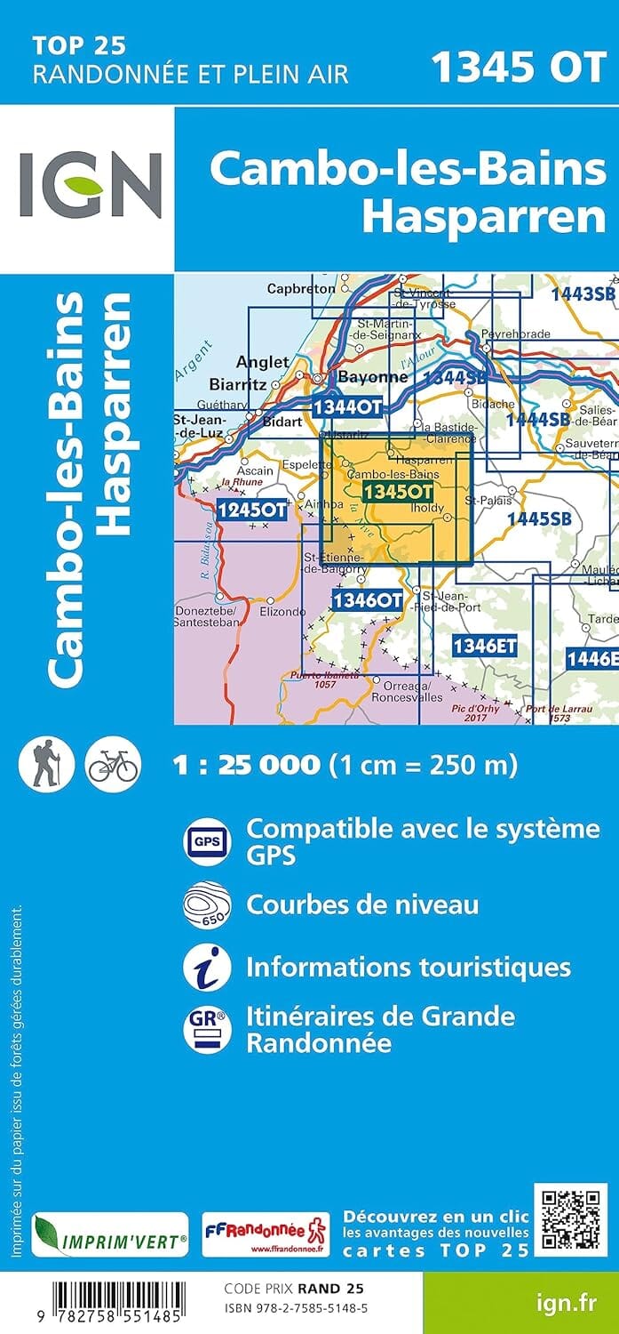 Carte de randonnée IGN TOP 25 n° 1345 OT - Cambo-les-bains & Hasparren (Pyrénées) carte de randonnée IGN 