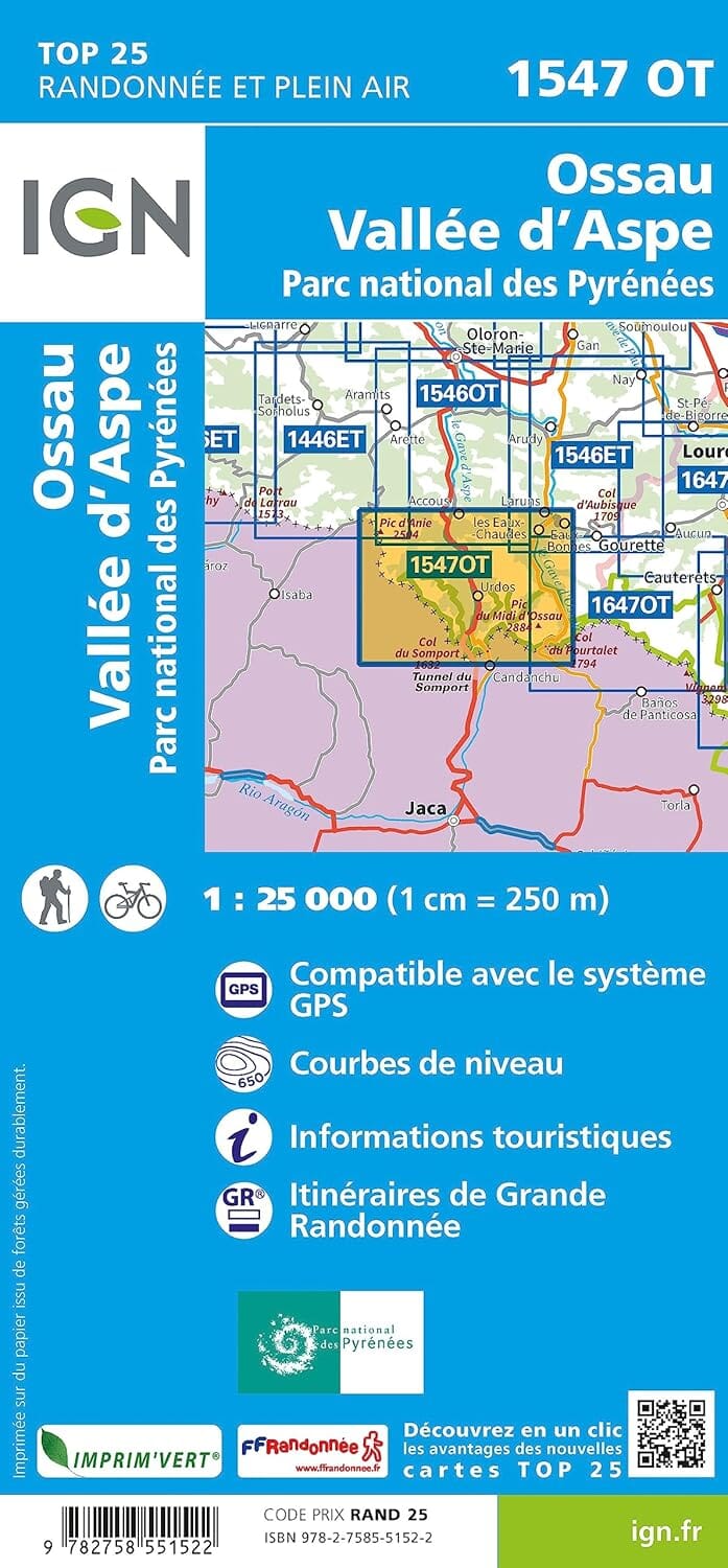 Carte de randonnée IGN TOP 25 n° 1547 OT - Vallée d'Ossau & Vallée d'Aspe (PN des Pyrénées) carte de randonnée IGN 