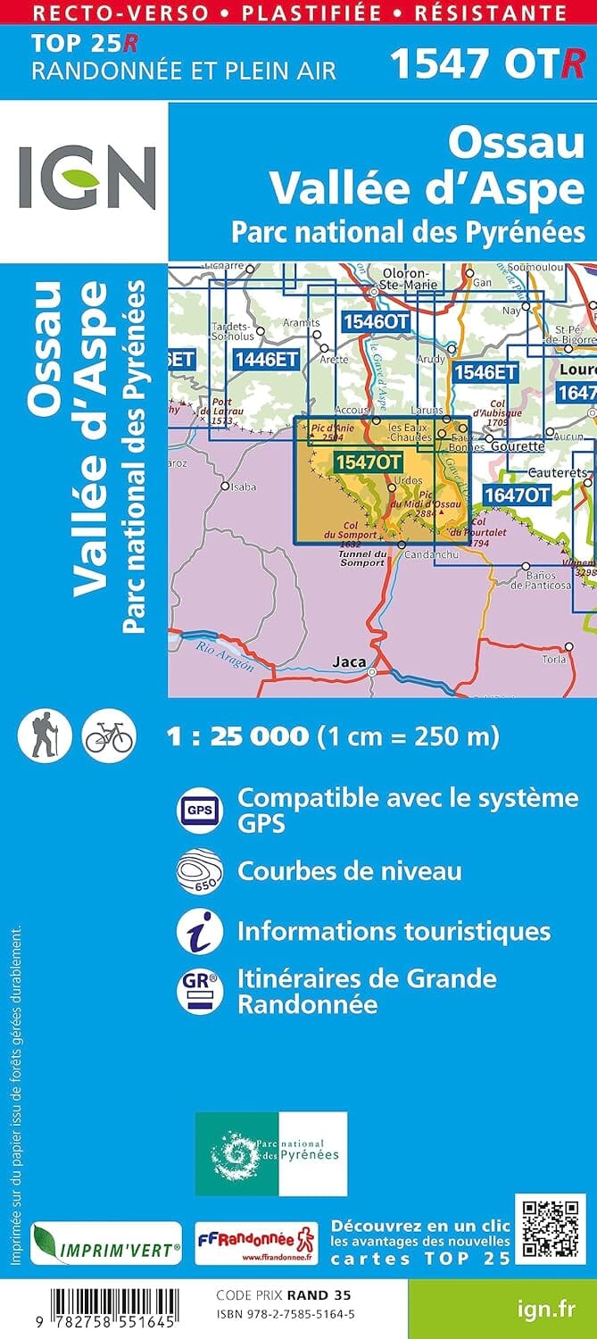 Carte de randonnée IGN TOP 25 n° 1547 OTR (Résistante) - Vallée d'Ossau & Vallée d'Aspe (PN des Pyrénées) carte de randonnée IGN 