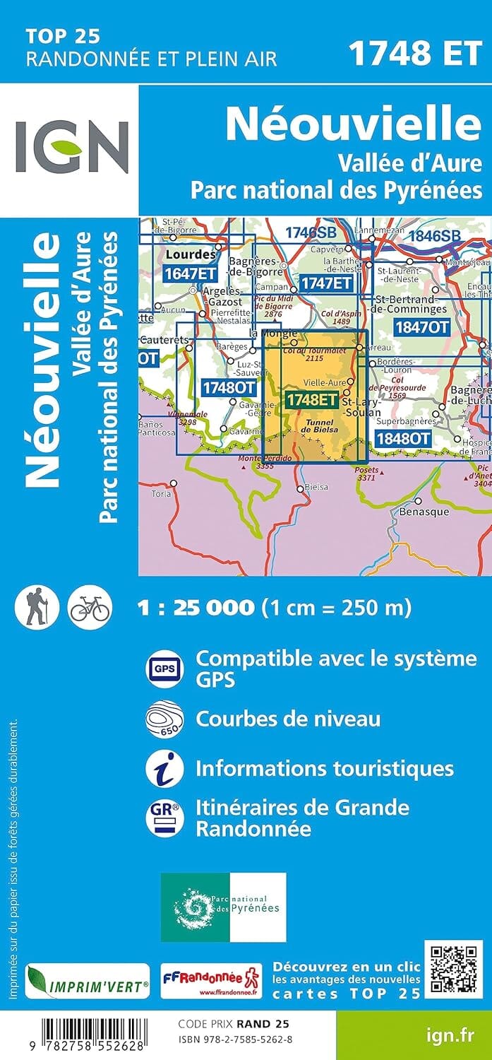 Carte de randonnée IGN TOP 25 n° 1748 ET - Néouvielle & Vallée d'Aure (Pyrénées) carte de randonnée IGN 