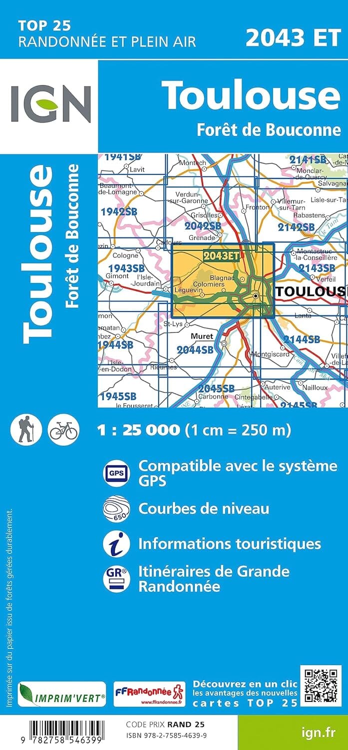 Carte de randonnée IGN TOP 25 n° 2043 ET - Toulouse, Forêt de Bouconne carte de randonnée IGN 