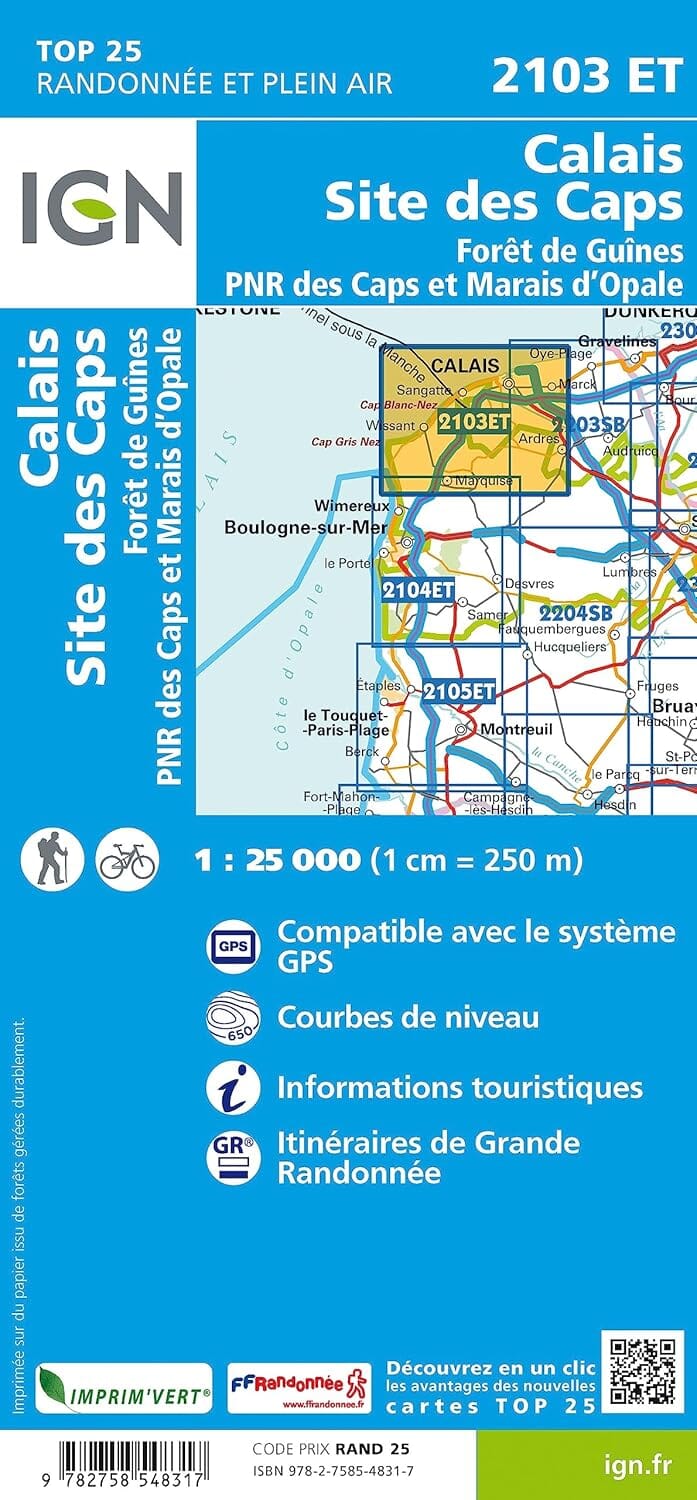 Carte de randonnée IGN TOP 25 n° 2103 ET - Calais, Site des Caps, Forêt de Guînes, PNR des Caps et Marais d'Opale carte de randonnée IGN 