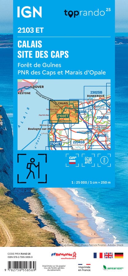 Carte de randonnée IGN TOP 25 n° 2103 ET - Calais, Site des Caps, Forêt de Guînes, PNR des Caps et Marais d'Opale carte de randonnée IGN 