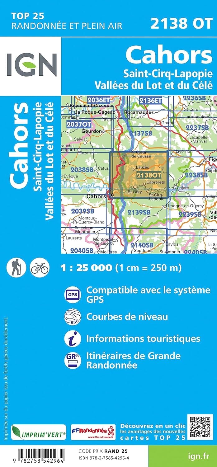Carte de randonnée IGN TOP 25 n° 2138 OT - Cahors, St-Cirq-Lapopie, Vallée du Lot et du Célé carte de randonnée IGN 
