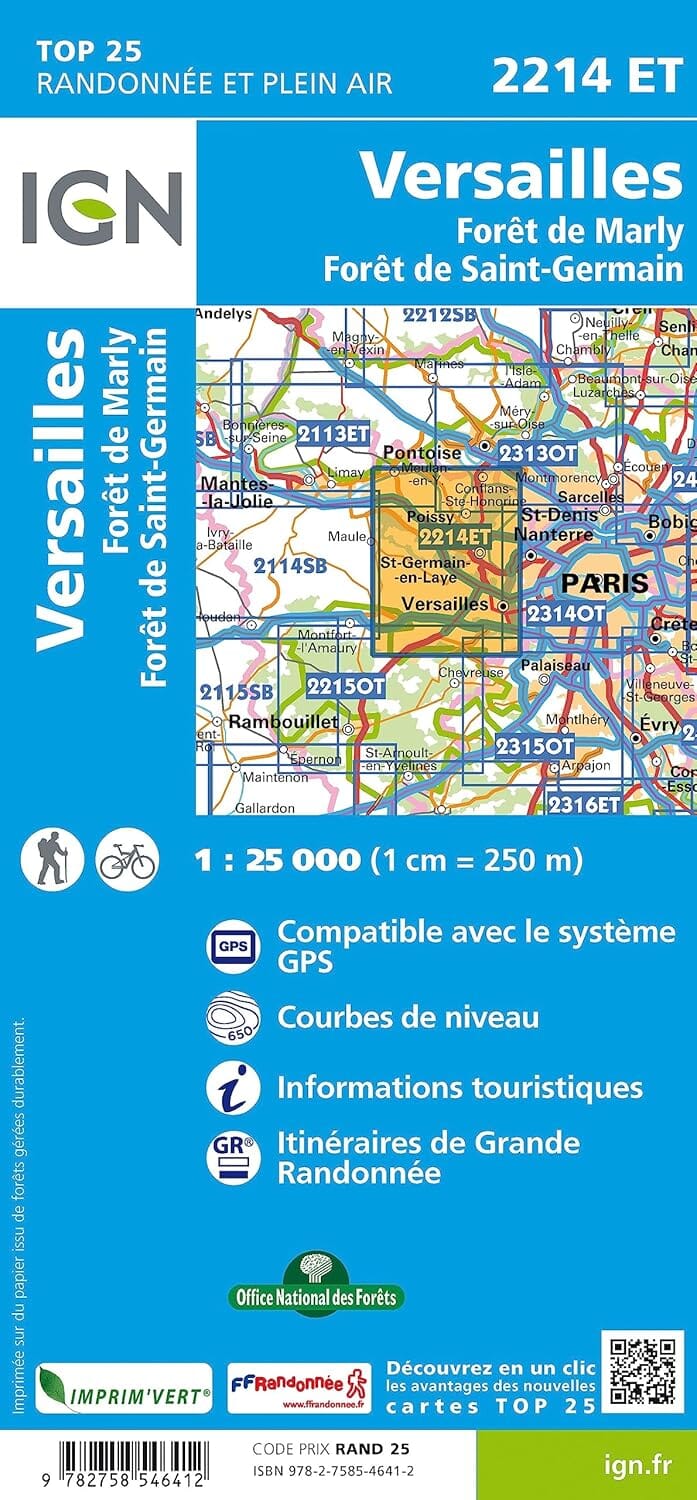 Carte de randonnée IGN TOP 25 n° 2214 ET - Versailles, Forêts de Marly et de St-Germain carte de randonnée IGN 