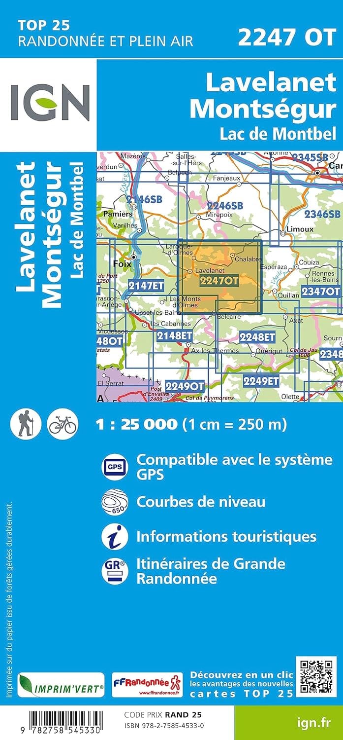 Carte de randonnée IGN TOP 25 n° 2247 OT - Lavelanet, Montségur & lac de Montbel (Pyrénées) carte de randonnée IGN 