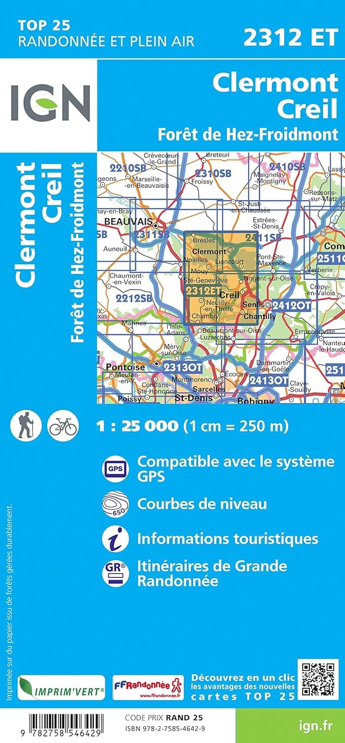 Carte de randonnée IGN TOP 25 n° 2312 ET - Clermont, Creil, Forêt de Hez-Froidmont carte de randonnée IGN 