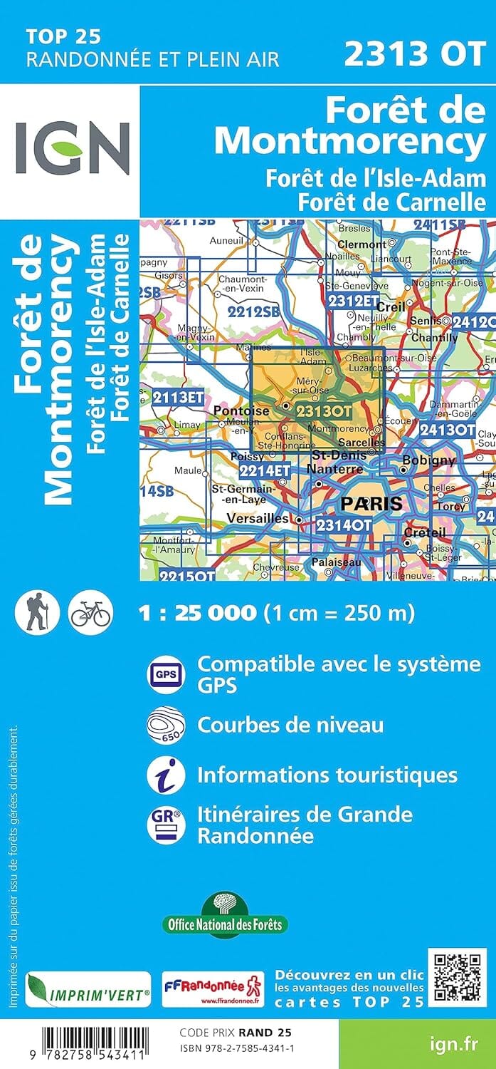Carte de randonnée IGN TOP 25 n° 2313 OT - Forêts de Montmorency, de l'Isle-Adam et de Carnelle carte de randonnée IGN 