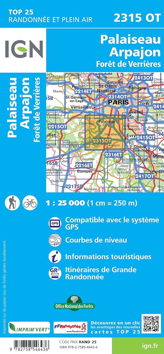 Carte de randonnée IGN TOP 25 n° 2315 OT - Palaiseau, Arpajon, Forêt de Verrières carte de randonnée IGN 