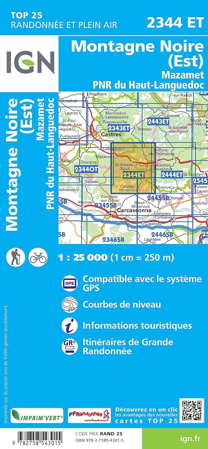 Carte de randonnée IGN TOP 25 n° 2344 ET - Montagne Noire (Est), Mazamet, PNR du Haut Languedoc carte de randonnée IGN 
