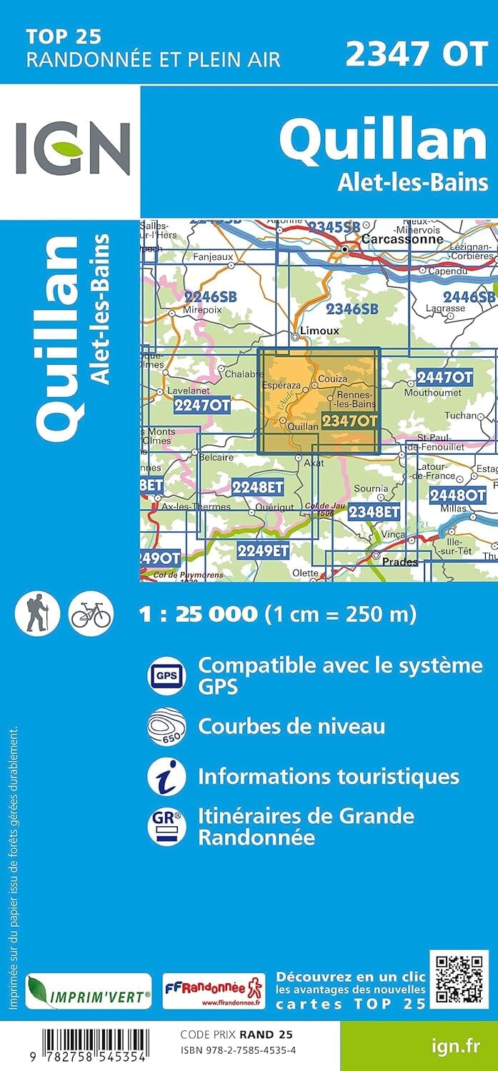 Carte de randonnée IGN TOP 25 n° 2347 OT - Quillan & Alet-les-bains (Pyrénées) carte de randonnée IGN 