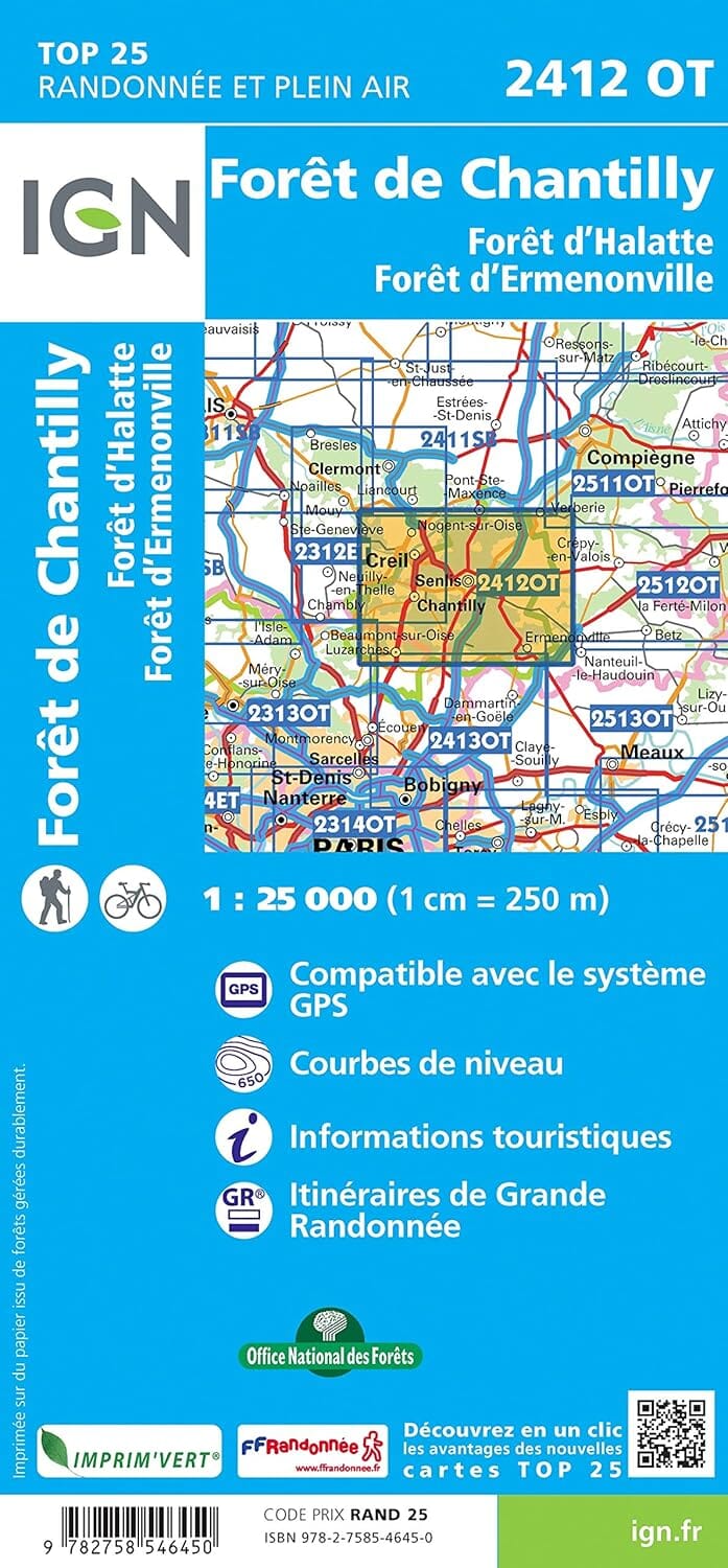 Carte de randonnée IGN TOP 25 n° 2412 OT - Forêts de Chantilly, d'Halatte et d'Ermenonville carte de randonnée IGN 