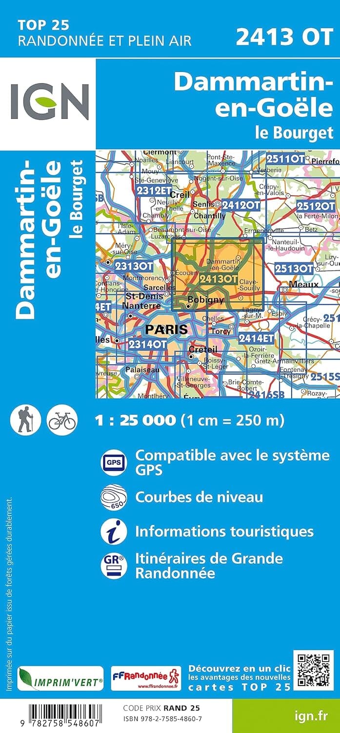 Carte de randonnée IGN TOP 25 n° 2413 OT - Dammartin-en-Goële, le Bourget carte de randonnée IGN 