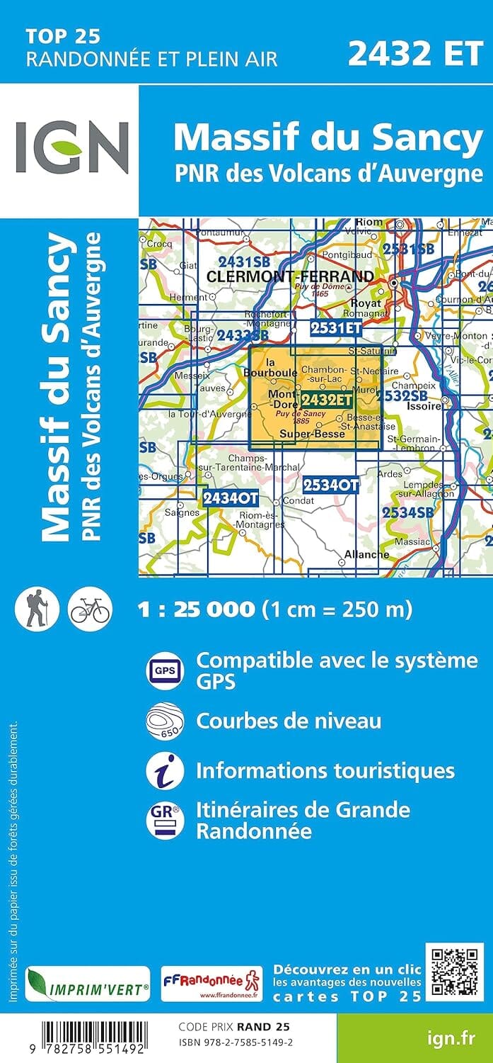 Carte de randonnée IGN TOP 25 n° 2432 ET - Massif du Sancy (Massif Central) carte de randonnée IGN 